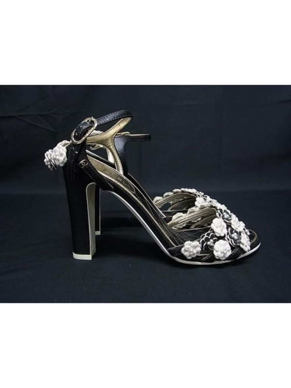 Chanel CC Logo Camellia Leather Heel Sandals 36 Shoes Black - Picture 2 of 7